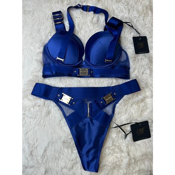 Honey Birdette KEELY💙 Navy Blue & Gold 2 Piece Set 32C & Small Thong - Picture 2 of 9